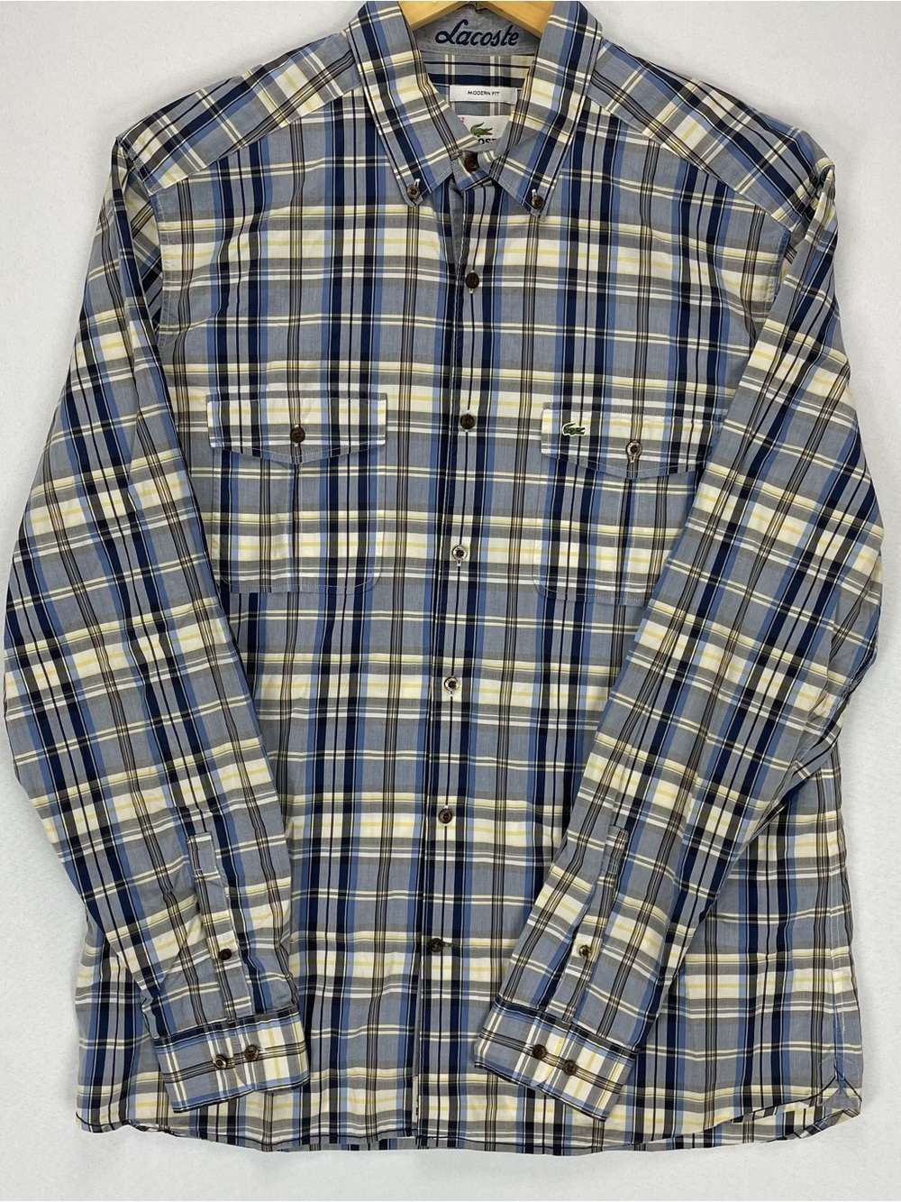 Lacoste Men’s Button Down Shirt Size Large 42 Modern Fit Plaid Long Sleeve EXC